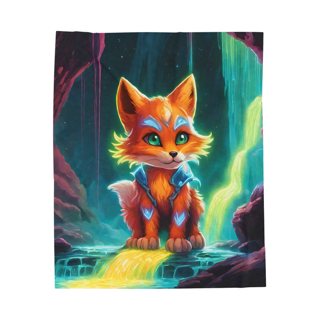 Crystal Fox Guardian Kids Blanket, Glowing Waterfall Cave Plush Throw Cover, Neon Mystic Cavern, Armored Fox Bedroom Twin Cover