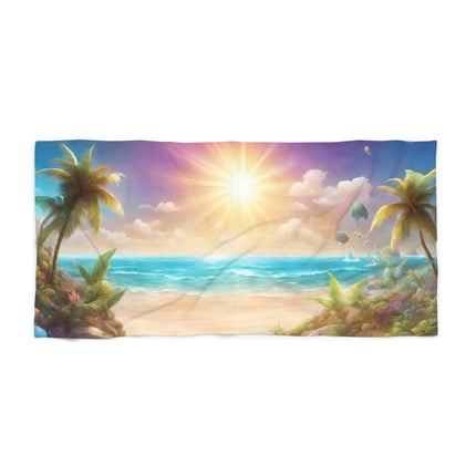 Majestic Sky Hidden Island Seashore Beach Towel | Mystic Ocean Getaway Swimming Pool Blanket | Poolside Sand & Water Deck Tanning Sunbather