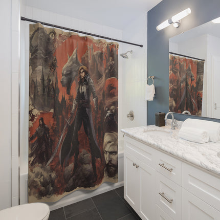 A LEGENDARY ADVENTURER RISES AT THE HOWL OF MIDNIGHT Video Game Inspired Abstract Collage Shower Curtain