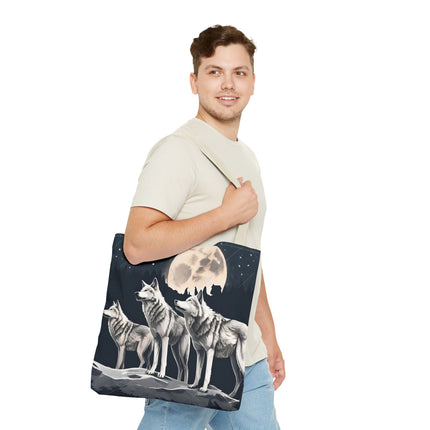 Moon Wolves Tote | Night Sky Mountain Wolf Pack Grocery Bag | Laptop & Book Carrier | Home Office Wooded Wild Dogs Travel Overnight Gift