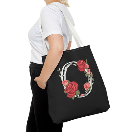 Custom Letter Personalized Tote | Rose Flowered Grocery Travel Bag | Floral Print Roses Office Laptop & Books or Exercise Overnight Carrier