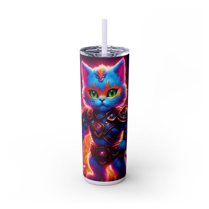 COSMIC BLUE WARRIOR CAT Skinny Tumbler - Neon Flower Field Armored Kitten Cup