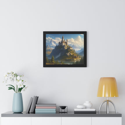 Video Game Fantasy Castle, RPG Valley Framed Poster, Mountain Nature Scene Picture, Open World Style Wall Hanging, Gamer Office Scenery