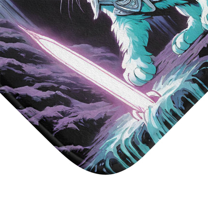 Cat Warrior Bath Mat, Kitten Bathroom Rug, Mystical Cave Waterfall Rug, Mystical Neon Sword Bath Print