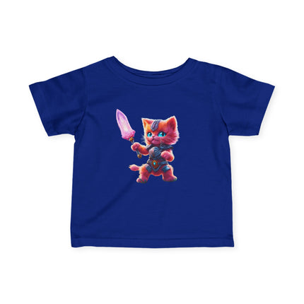 Warrior Cat Infant Gift Shirt, Glowing Sword Orange Kitten Tee, Cute Armor Kitty Short Sleeve Baby Tshirt