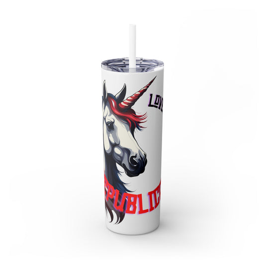 Patriotic American Unicorn Skinny Tumbler | United States Freedom Loving Horse Insulated Cup | US Flag Veteran Gift Patriot Drink Traveler
