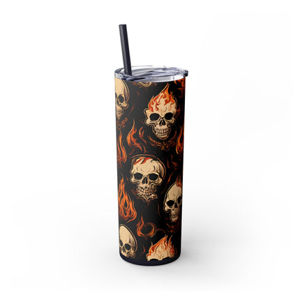 FIRE FLAMES AND SKULLS Skinny Tumbler - Skeleton Biker Motorcycle Insulated Cup