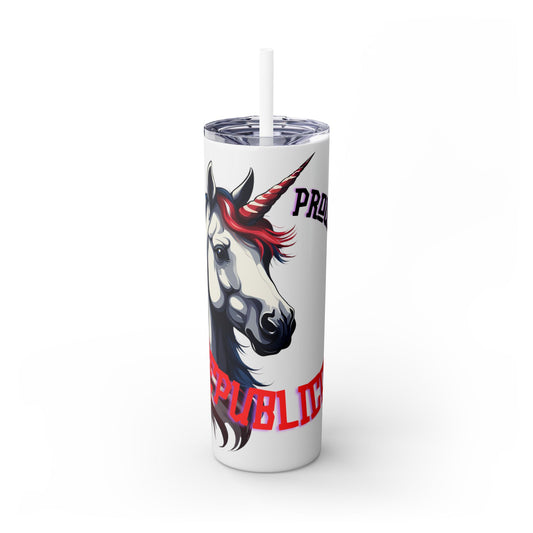 PROUD American Unicorn Skinny Tumbler | United States Freedom Loving Horse Insulated Cup | US Flag Veteran Gift Patriot Drink Traveler
