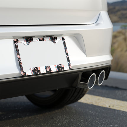 Cigarette Smoking Anime Girl License Plate Frame, Black Leather Outfit Sexy Car Accessory, Japanese Cartoon Secret Agent Style Auto Decor