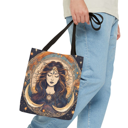 Sun & Moon Goddess Tote | Lunar Stars and Space Astronomy Grocery Bag | Wiccan Dreams Office Laptop Book Carrier | Solar System Travel Gift