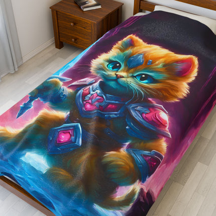 Warrior Cat Blanket, Waterfall Cat Plush Throw Blanket, Neon Sword Seeker, Armored Kitty Bed Cover, Glowing Cave Bedroom Twin Cover