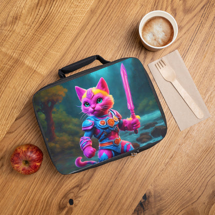 Neon Pink Warrior Cat Lunch Bag Box, Girls Forest River Scene Feline School Tote, Armored Cosmic Glowing Sword Furry Kitten Insulated Bag