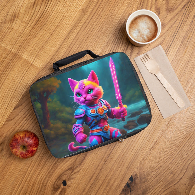 Neon Pink Warrior Cat Lunch Bag Box, Girls Forest River Scene Feline School Tote, Armored Cosmic Glowing Sword Furry Kitten Insulated Bag
