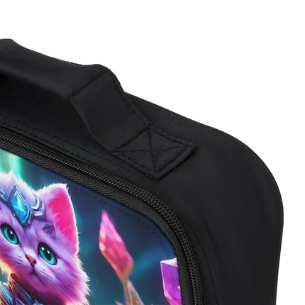Neon Violet Pink Fur Warrior Cat Lunch Bag Box, Girls Lush Crystal Gem Field Feline School Tote, Armored Cosmic Furry Kitten Insulated Bag