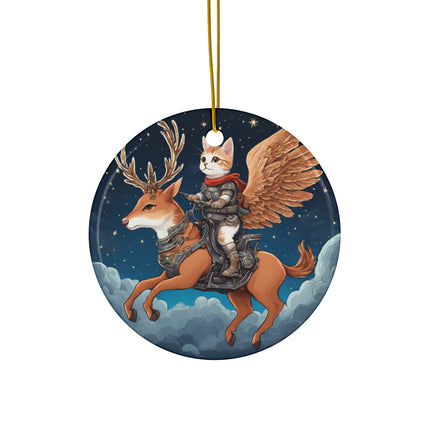 PERSONALIZED Flying Fantasy Christmas Winged Cat and Mechanical Reindeer Ornament