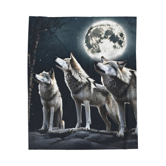 Moon Wolves Blanket | Night Sky Mountain Wolf Pack Bed Throw | Starry Dark Full Lunar Gift | Wooded Wild Dogs Bedroom Light Warm Comforter