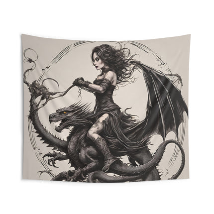 Dragon Gothic Beauty Rider Tapestry, Gorgeous Woman Medieval Beast Wall Hanging, Dragon Keeper Art Decor