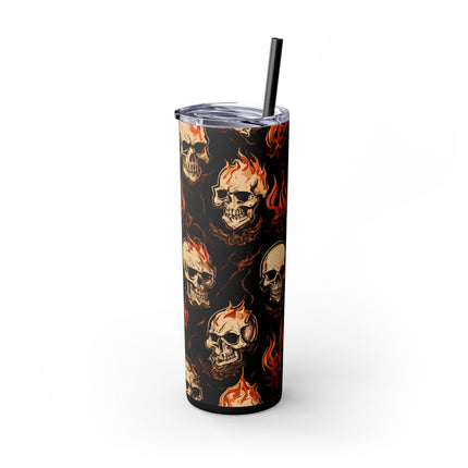 FIRE FLAMES AND SKULLS Skinny Tumbler - Skeleton Biker Motorcycle Insulated Cup