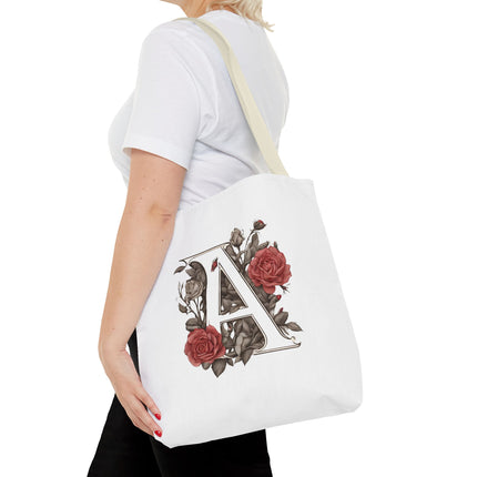 Custom Letter Personalized Tote | Rose Flowered Grocery Travel Bag | Floral Print Roses Office Laptop & Books or Exercise Overnight Carrier