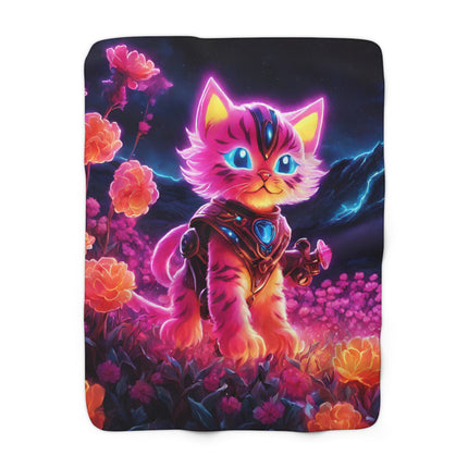 Neon Glowing Warrior Cat Blanket, Lush Flower Field Feline, Armored Kitten with Sword Plush Fleece Couch Sherpa, Kids Night Time Bed Cover