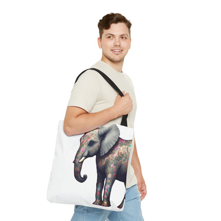 Elephant Gift Tote | Majestic Flower Pattern Grocery Bag | Animal Lovers Office Travel Carrier | Jungle Kingdom Endangered Cotton Traveler