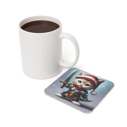 Christmas Drink Coaster Kitten Drink Holder Santa Warrior Kitten Snow Sled Cat Lover Cork Coaster