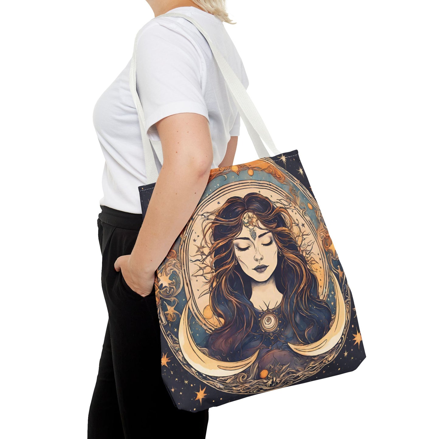 Sun & Moon Goddess Tote | Lunar Stars and Space Astronomy Grocery Bag | Wiccan Dreams Office Laptop Book Carrier | Solar System Travel Gift