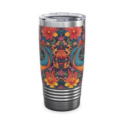 Dragon Tumbler | Japanese Flower Pattern Drink Companion | Floral Japan Insulated Travel Mug | Exercise Office College Road Trip Coffee Gift