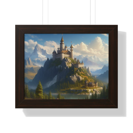 Video Game Fantasy Castle, RPG Valley Framed Poster, Mountain Nature Scene Picture, Open World Style Wall Hanging, Gamer Office Scenery