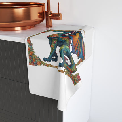 Floral Dragon Hand Towel | Flower Pattern Winged Serpent Decor | Bathroom Accent Drying Cloth | Spring & Summer Flying Lizard Polyester Gift