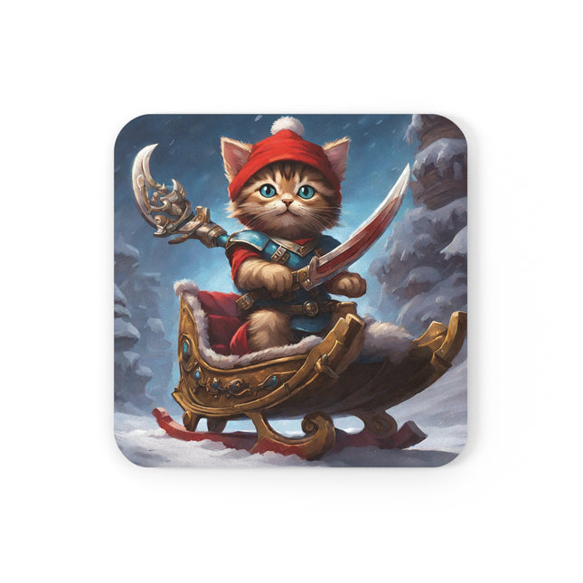 Christmas Drink Coaster Kitten Drink Holder Santa Warrior Kitten Snow Sled Cat Lover Cork Coaster
