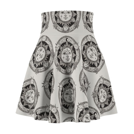 Sun & Moon Solar Wheel Pattern Skater Skirt | Wiccan Witchey Style Women's Summer Wear | Mystic Solar System Star Galaxy Gift