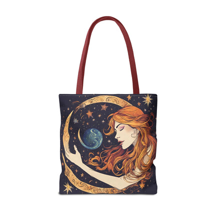 Moon Shaping Goddess Tote | Lunar Stars & Space Astronomy Grocery Bag | Woman Morphing Home Office Laptop Clothing Travel Overnight Gift