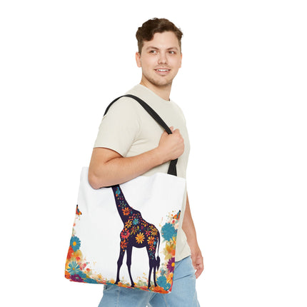 Giraffe Lovers Tote | Floral Safari Animal Grocery Bag | African Savanna Office Travel Carrier | Flower Collage Forest Cotton Traveler