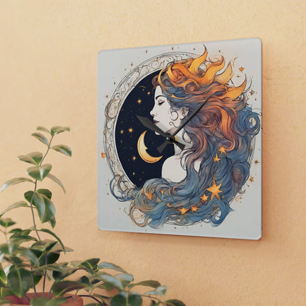 Moon Goddess Acrylic Art Clock | Lunar Stars & Space Astronomy Wall Hanging | Astrology Woman Home Office Solar System Wall Decor Gift