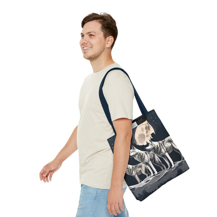 Moon Wolves Tote | Night Sky Mountain Wolf Pack Grocery Bag | Laptop & Book Carrier | Home Office Wooded Wild Dogs Travel Overnight Gift