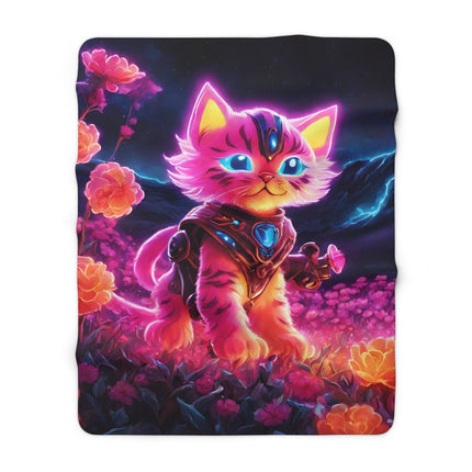 Neon Glowing Warrior Cat Blanket, Lush Flower Field Feline, Armored Kitten with Sword Plush Fleece Couch Sherpa, Kids Night Time Bed Cover