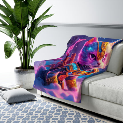 ARMORED NEON WARRIOR CAT Blanket - Glowing Kitten Plush Sherpa Fleece Winter Fantasy Cover