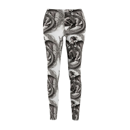 Women's Goth Medieval Dragon Casual Leggings, Shapeshifting Beauty Elastic Bottoms, Tight Black and White Pants