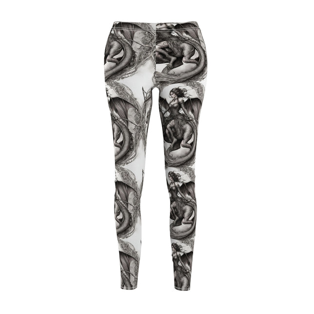 Women's Goth Medieval Dragon Casual Leggings, Shapeshifting Beauty Elastic Bottoms, Tight Black and White Pants