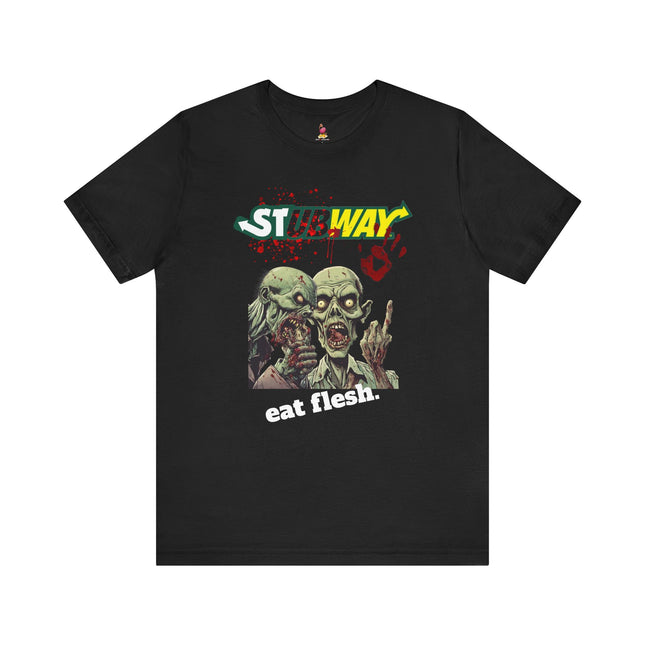 STUBWAY EAT FLESH Zombie Eating T-Shirt - Funny Subway Parody Horror Tee