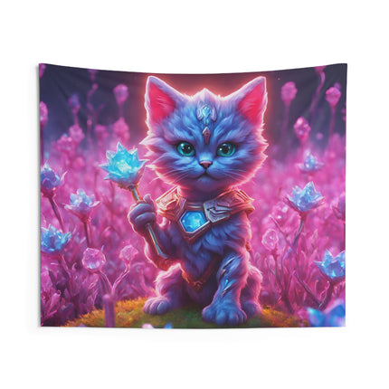 Warrior Cat Crystal Grove Tapestry, Thunder Bolt Armored Kitten Mystical Weapon Wall Hanging, Pink Blue Infused Blossom Field Tapestry