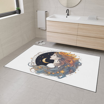 Moon Goddess Heavy Duty Floor Mat | Lunar Stars, Space Astronomy Lovers Gift | Astrology Woman Night Sky Flowing Hair Entry & Bathroom Decor