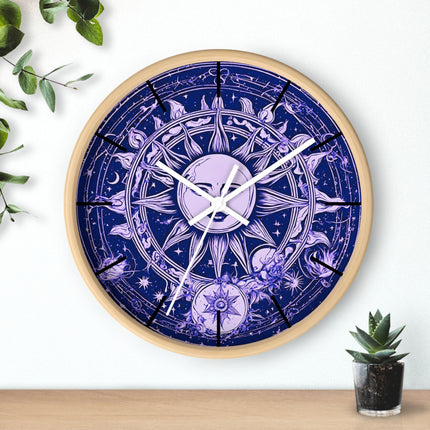 Amethyst Sun Wall Art Clock | Celestial Solstice Astronomy Wiccan Hanging | Moon & Constellations Home Office Solar System Pagan Decor Gift