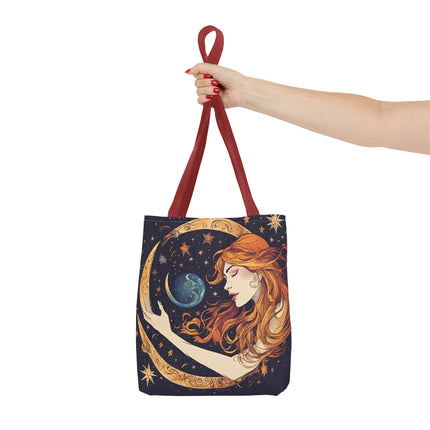 Moon Shaping Goddess Tote | Lunar Stars & Space Astronomy Grocery Bag | Woman Morphing Home Office Laptop Clothing Travel Overnight Gift