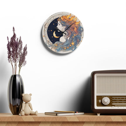 Moon Goddess Acrylic Art Clock | Lunar Stars & Space Astronomy Wall Hanging | Astrology Woman Home Office Solar System Wall Decor Gift