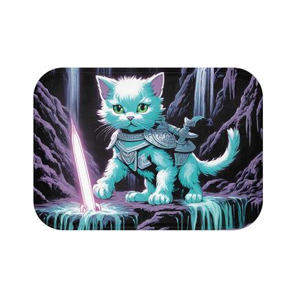 Cat Warrior Bath Mat, Kitten Bathroom Rug, Mystical Cave Waterfall Rug, Mystical Neon Sword Bath Print