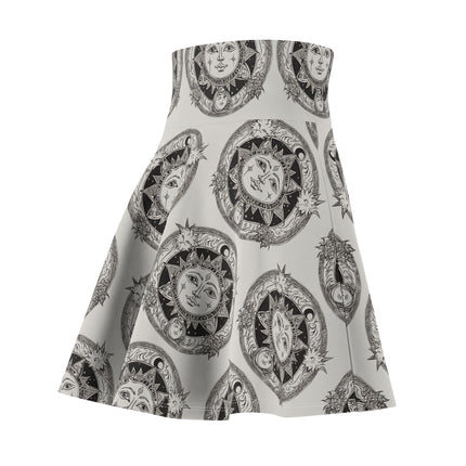 Sun & Moon Solar Wheel Pattern Skater Skirt | Wiccan Witchey Style Women's Summer Wear | Mystic Solar System Star Galaxy Gift