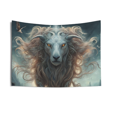 Majestic Myths Wall Art Decor |  Horned Goat Lion Mane Tapestry | Mystical Valley Fantasy Game Room Hanging | Mythological Bed Room Gift