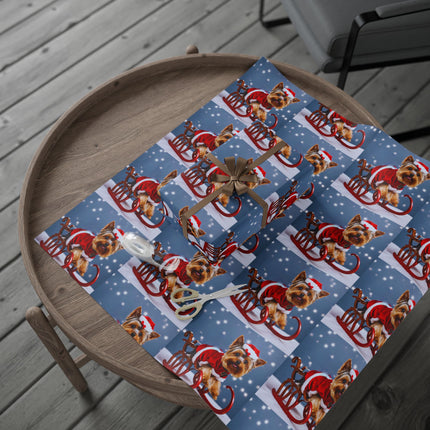 Dog Christmas Wrapping Paper Yorkshire Terrier, Santa Suit and Sled Yorkie Gift Wrap, Holiday Gift Wrap Roll
